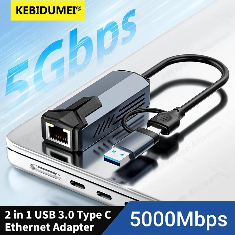 

5Gbps Wired USB Network Card Gigabit Adapter USB/Type-C to RJ45 Hub LAN Ethernet Converter for Laptops Win11 Supports 5G/2.5G/1G
