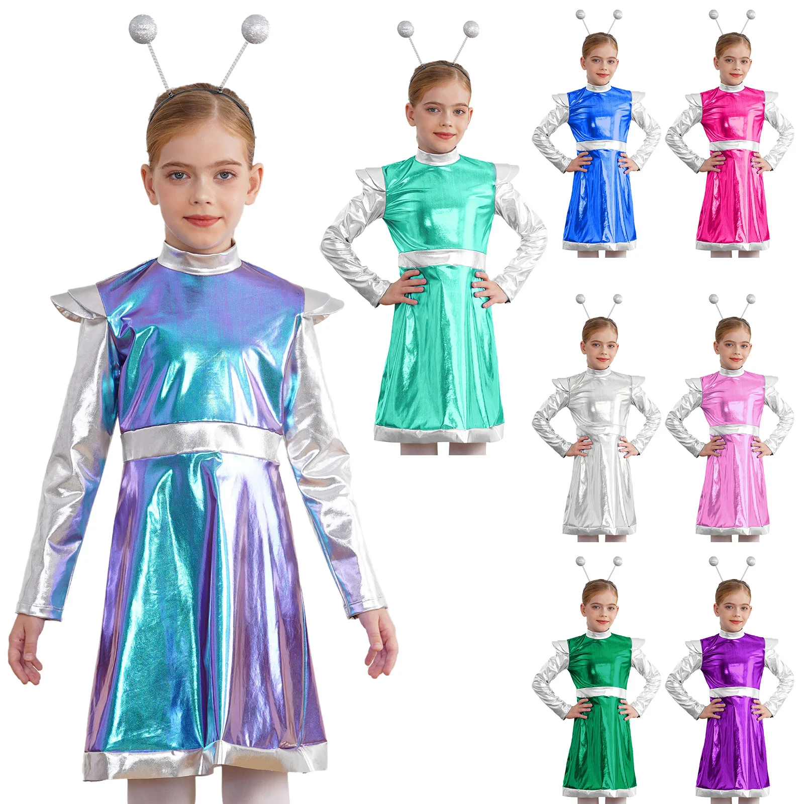 2Pcs Kids Alien Costume Girls Outer Space Fighter Metallic Dress Astronaut Fancy Dress up Outfit Halloween Carnival Dress Up