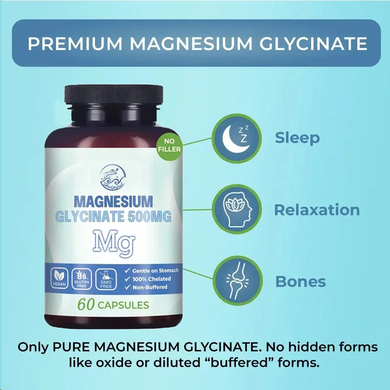 Supplément en capsule de glycine de magnésium, pur, 500 pur, sans charges, supporte le sommeil et la relaxation, 100% mg