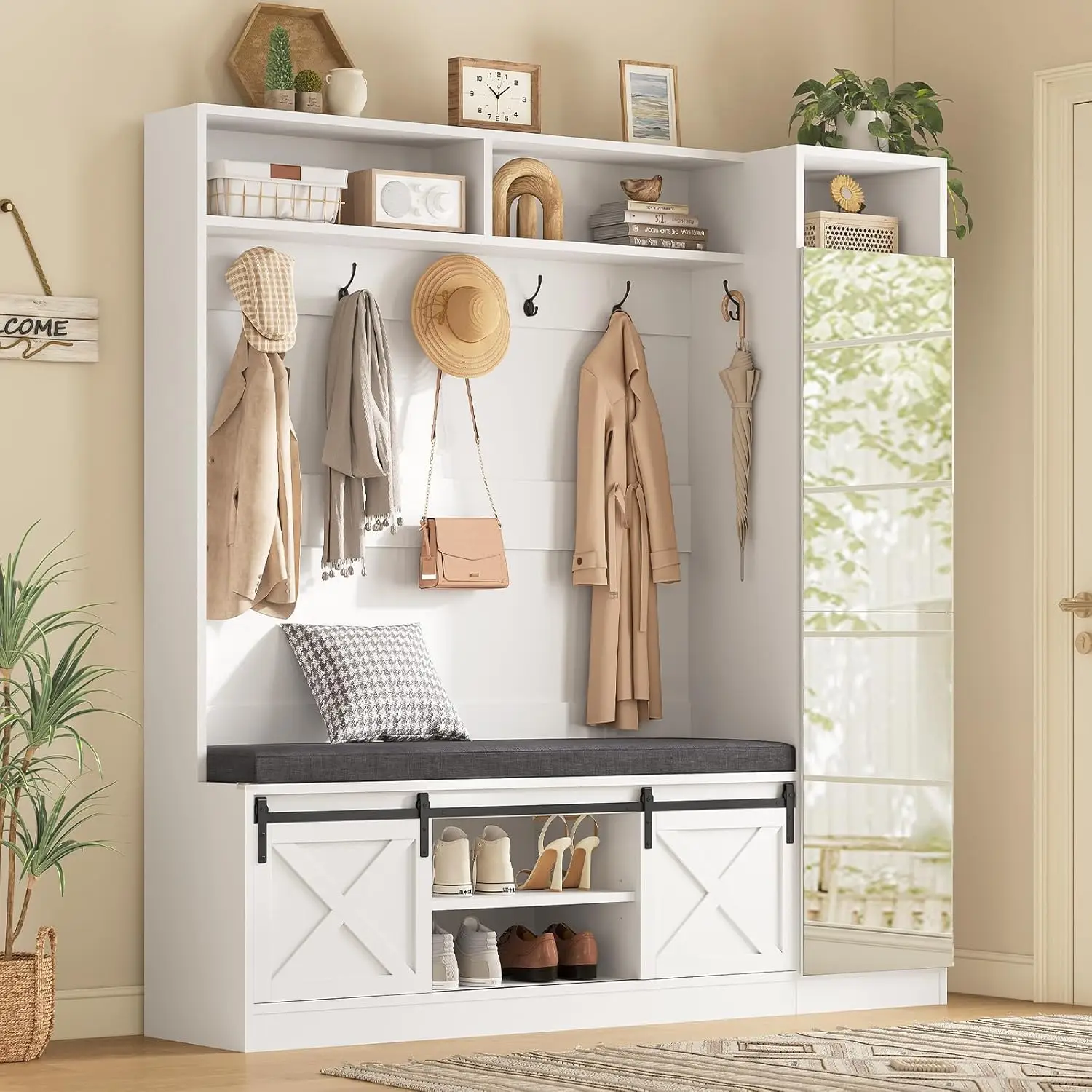 

Hall Tree with Bench and Shoe Storage, Entryway Coat Rack with Tall Mirror, Farm House Barn Door 4-in-1 Hall Tree with Storage C