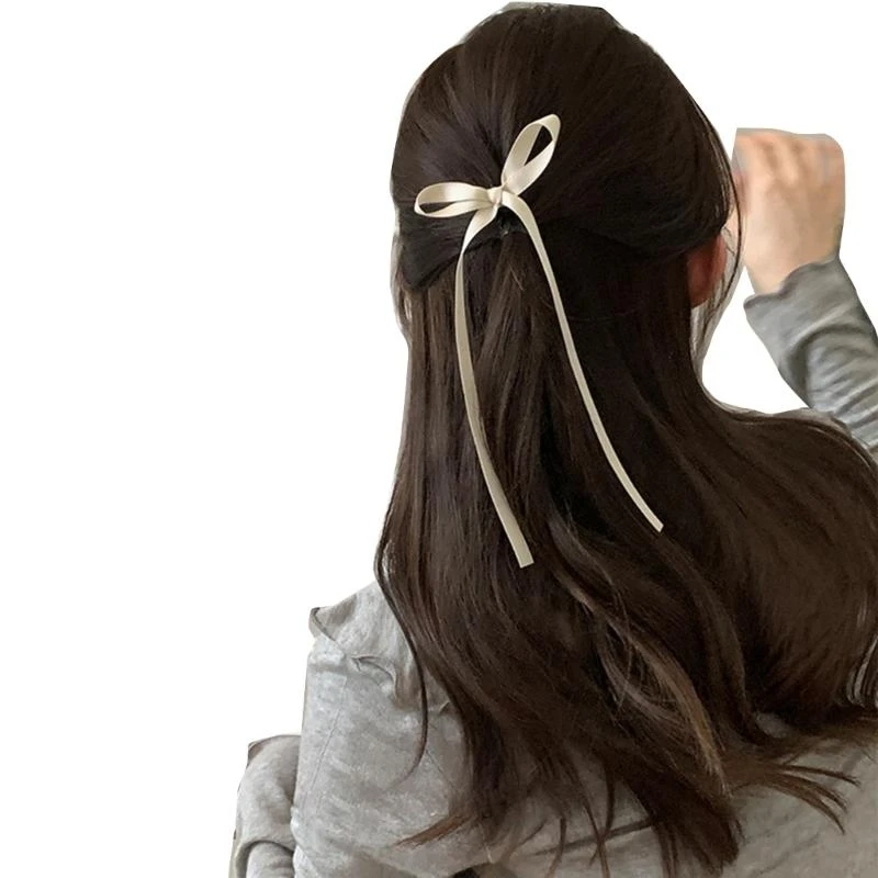F92D Long Ribbon Bowknot Hair Clip Elegant Claw Clip Hair Banana Barrettes Non-Slip Jaw Hair Claw Ponytail Clamp for Women
