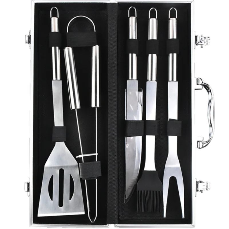 5-piece Set BBQ Portable Portable Aluminum Box Shovel Knife Clip Brush Fork Outdoor Home Barbecue Tool Combination