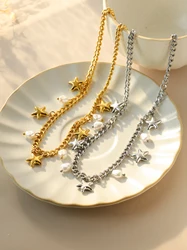 Gold stainless steel star pearl pendant chain necklace Women's necklace Retro fashion versatile jewelry 2025