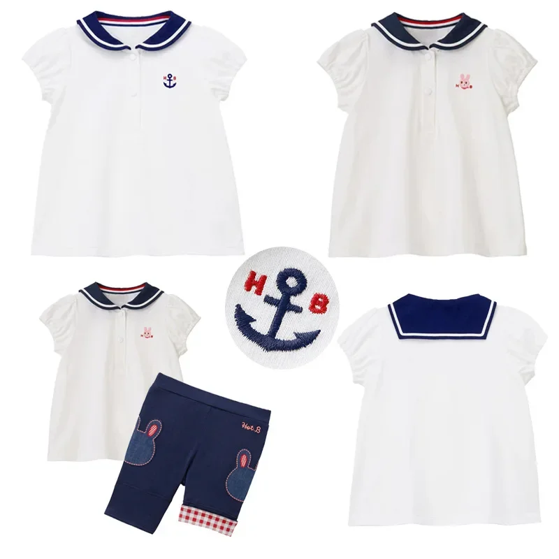 Children's Short-Sleeved 2022 Summer HB Rabbit Anchor Navy Lapel T-Shirt Boys And Girls Polo Shirt Six-Point Pants Leggings