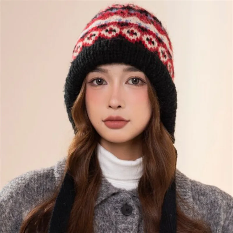 Ethnic Style Striped Splicing Knitted Wool Hat Autumn and Winter Women\'s Thickened Warm and Cold Ear Protector Pullover Hat