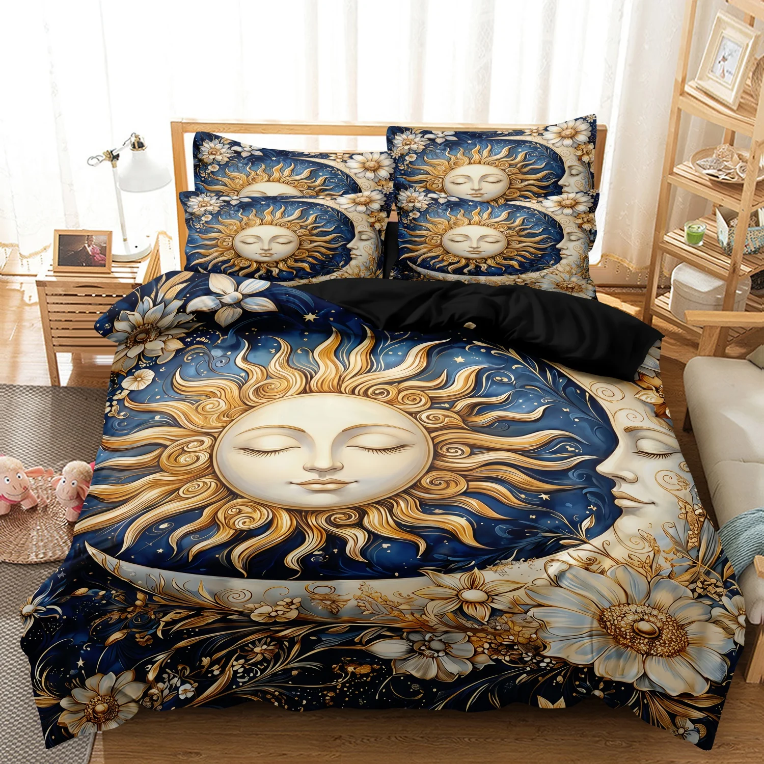

3pcs Set Vintage Bohemia Celestial Sun Moon Duvet Cover High-Definition Digital Print for Home Or Dorm Bedrooms Hotels Use
