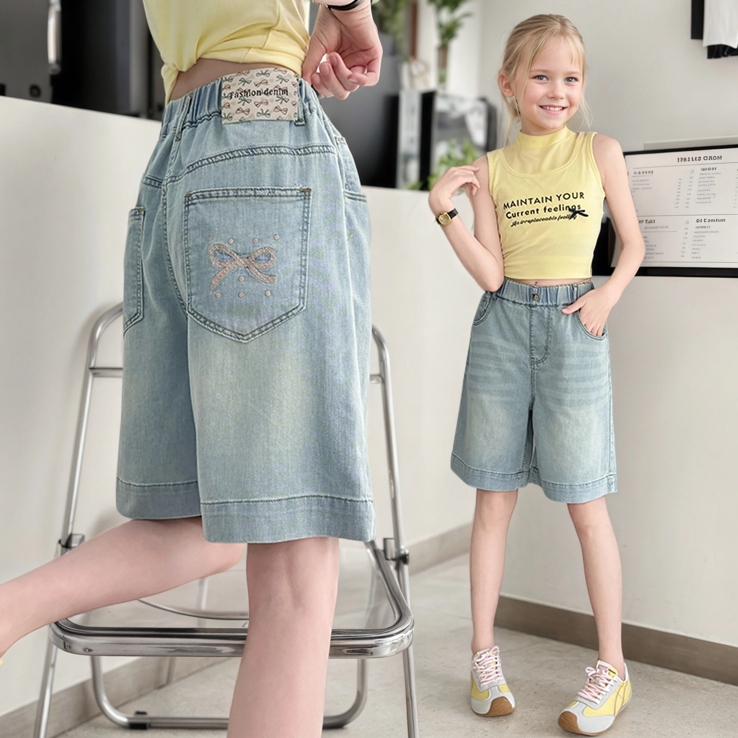 

Girls summer back pocket butterfly dotted pink shorts 2025 new fashion jeans casual sports shorts 5-15 years old