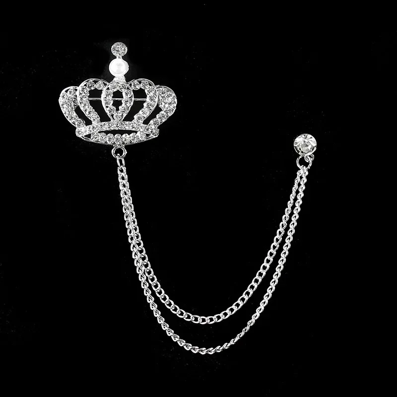 High-end Crown Brooch Rhinestone Tassel Chain Lapel Pins Gold Silver Color Metal Badge Fashion Collar Clothing Accessories