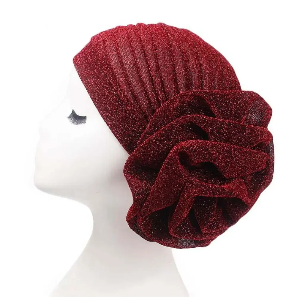 

Raw Silk African Turban Caps Big Rose Flower Breathable Nigerian Wedding Geles Headwear Lightweight Head Wraps Party Headgear