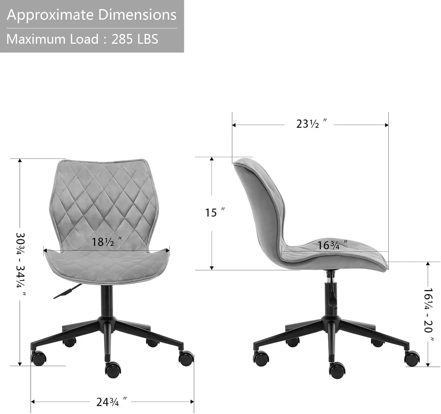 DUHOME Mid Back Computer Desk Chair Armless Velvet Home Office Chair for Teens/Girls/Children/Students Grey computer chair