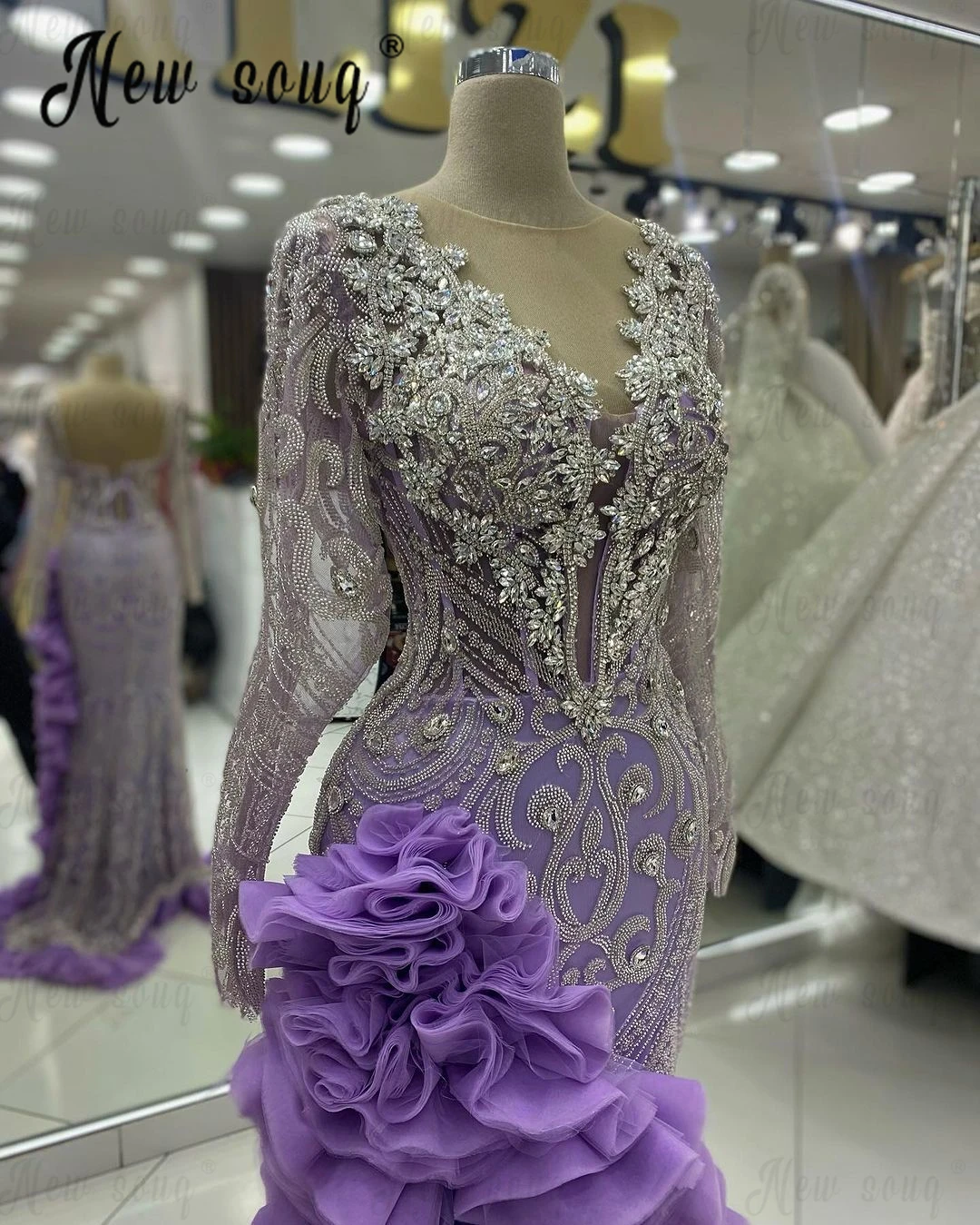 Silver Beaded Embroidery Party Dress Deep V Neck Side Split Wedding Guest Gowns Purple Elegant Birthday Dress Lilac Prom Gowns