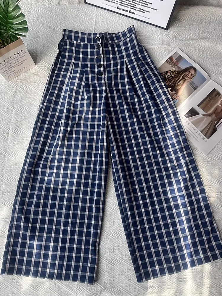 Pantaloni larghi larghi scozzesi blu Uomo Donna Pantaloni estivi sottili con senso appeso Pantaloni casual Pantaloni a tubo dritto a vita alta traspiranti