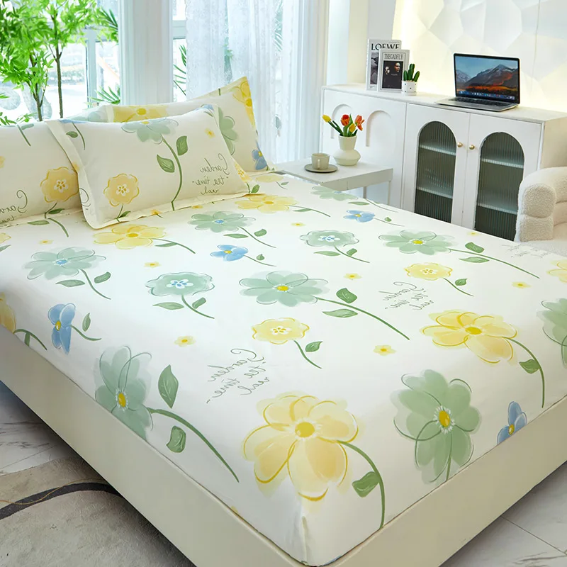 Botanical Floral Fitted Sheet Set Cotton Bedspread with Pillowcases Washable Adults Kids Skin-friendly Breathable Bedding Set