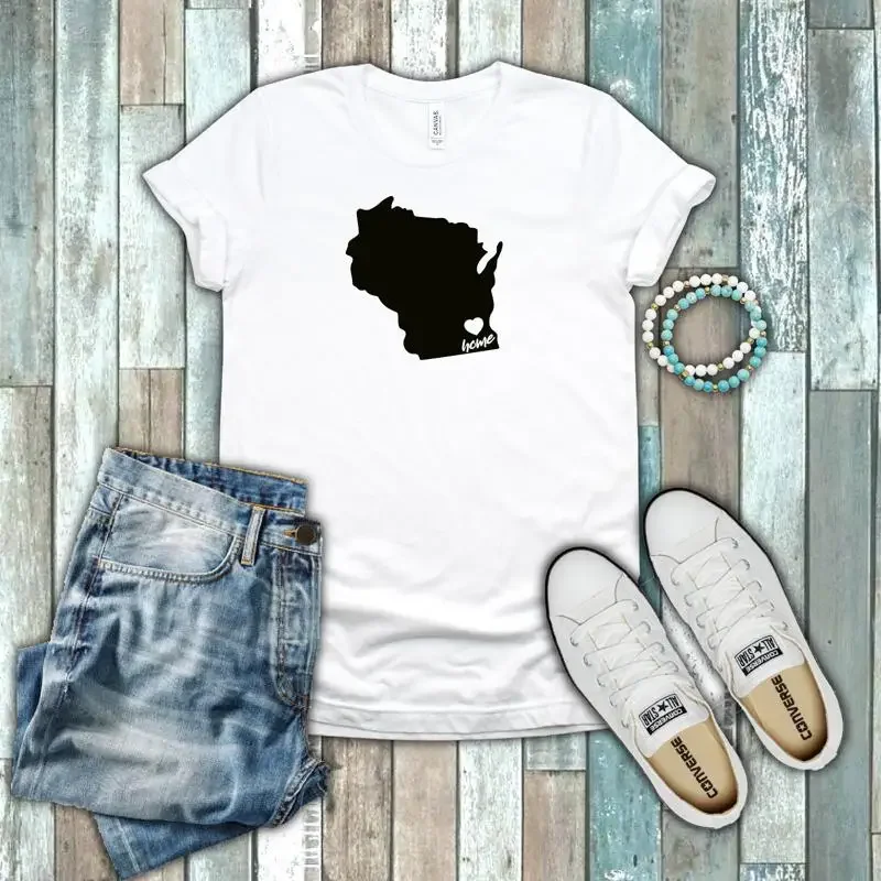Wisconsin Badger State Home Pride Heart Silhouette T-Shirt aus 100 % Baumwolle in Weiß