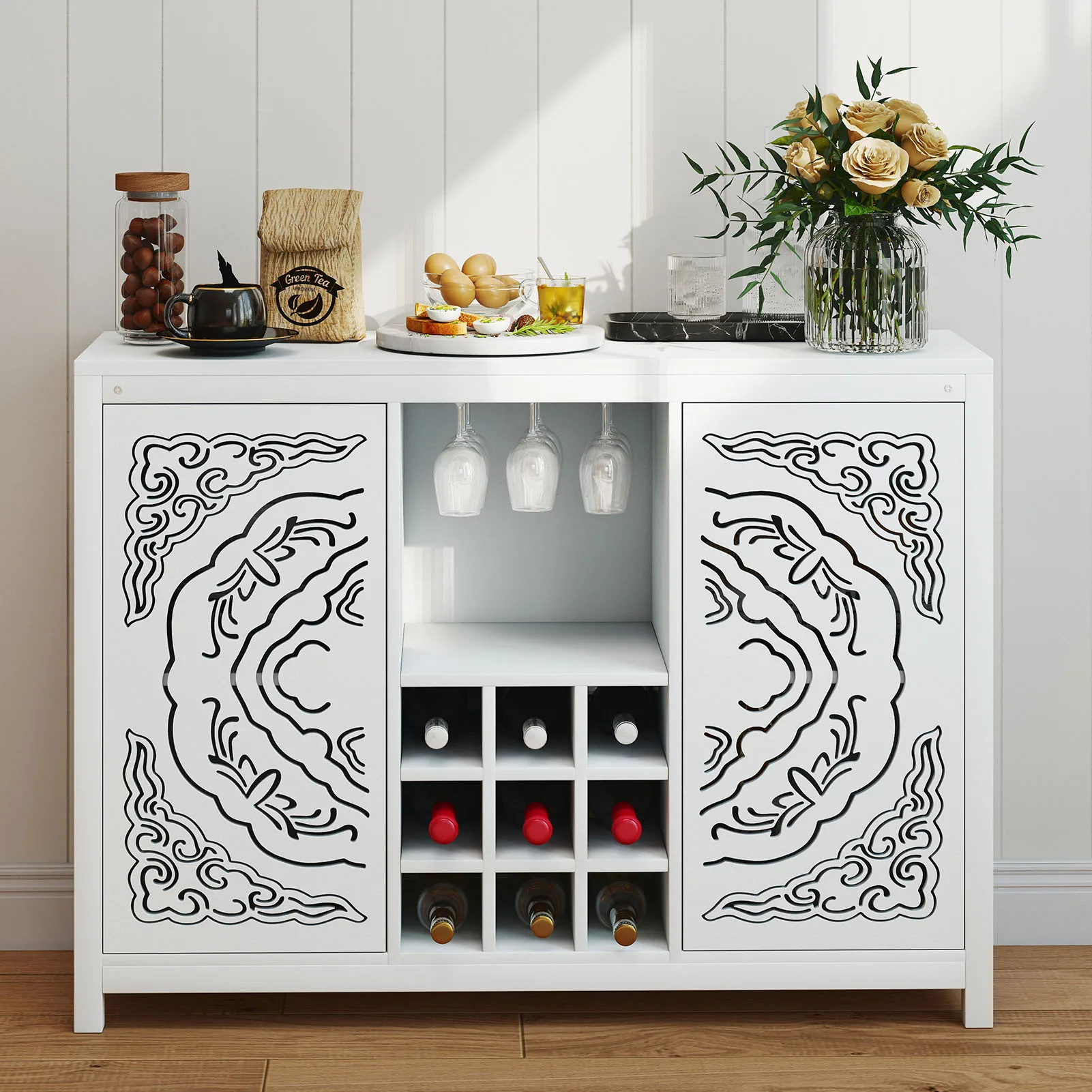White Wine Bar Cabinet with 2 Doors MDF Buffet Storage Liquor Cabinet with Wine Rack and Glass Holder Living Dining Room Kitchen