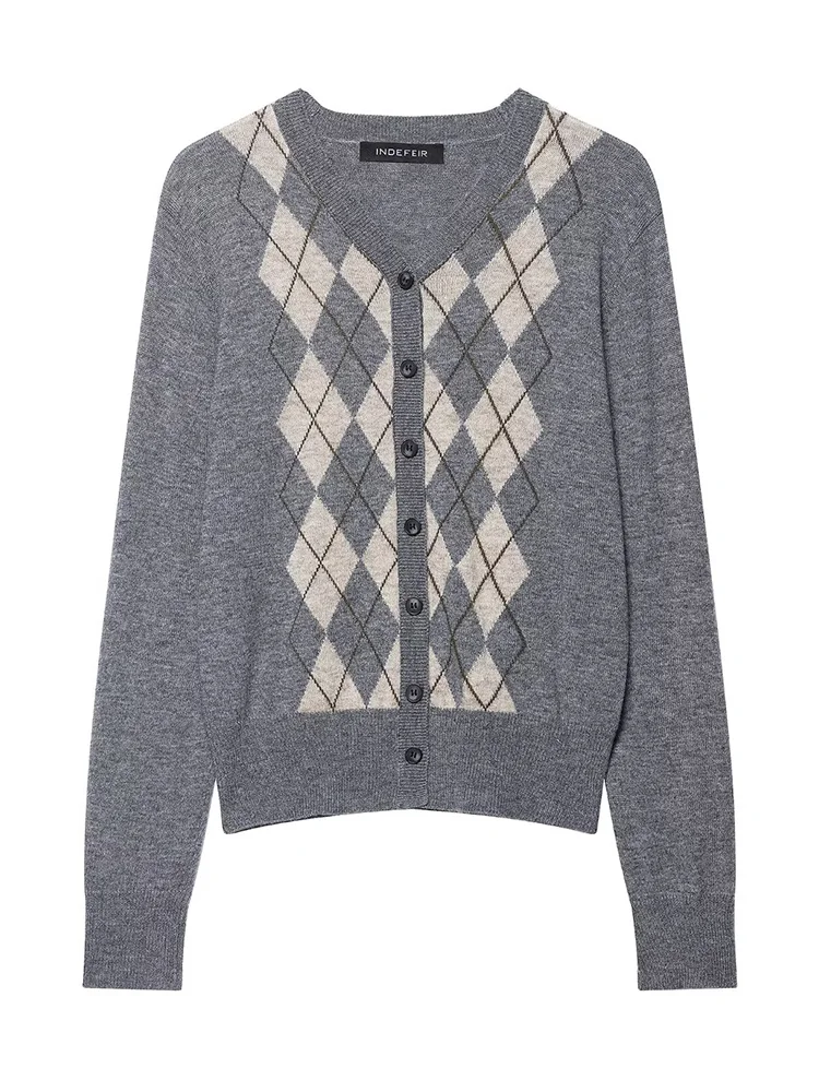 

HH Autumn Women Elegant V-Collar Cardigans Argyle Cardigan Women Chic Single Breasted Long Sleeve Elastic Knitted Short Top