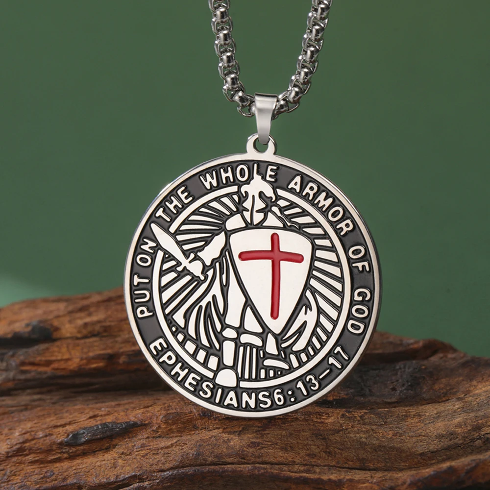 Dawapara Knights Templar Necklace Shield of Faith Armor of God Pendant Valor Courage Protection Talisman Stainless Steel Jewelry