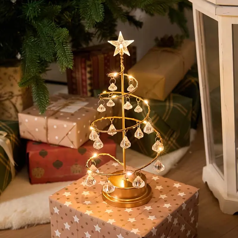 LED Crystal Christmas Tree Night Lights Battery Operated Table Lamp with Top Star Indoor Home Room Desk Table Decorations