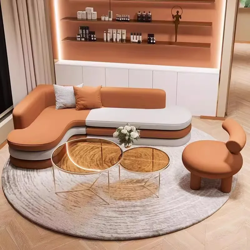 Modern compact cream sofa, fashionable style unique shape living room curved synthetic leather beauty salon set sponge