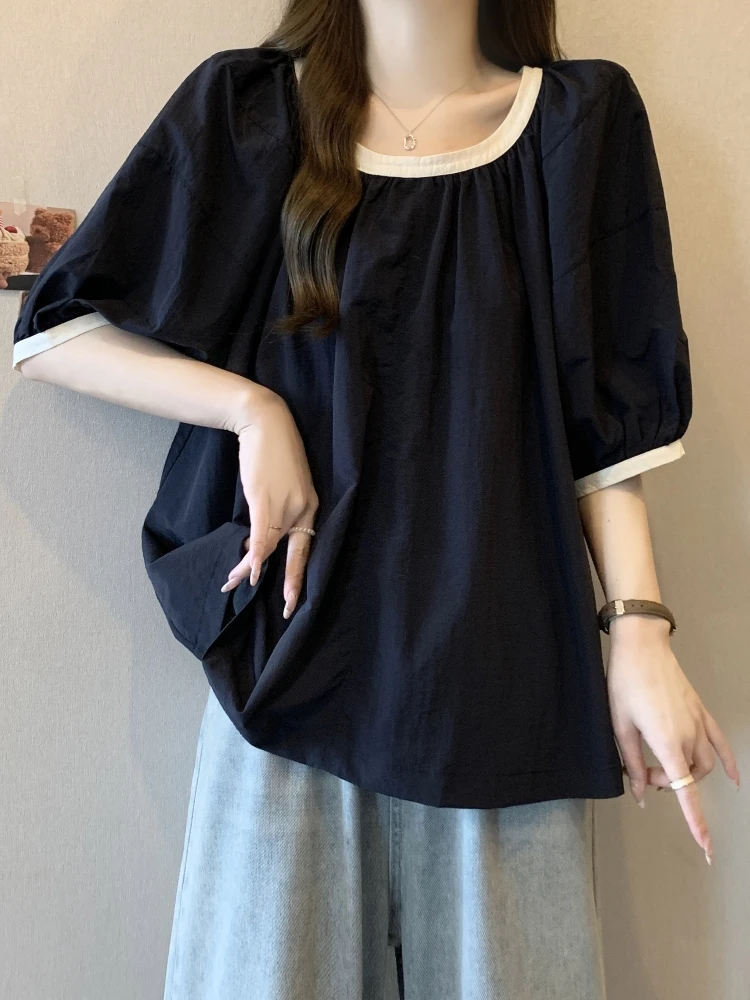 Puffy Sleeve Shirt Women's Summer Fashion plus Size Conceal Belly Beautiful Doll Top Korean Style Loose Fit round Neck Short ...