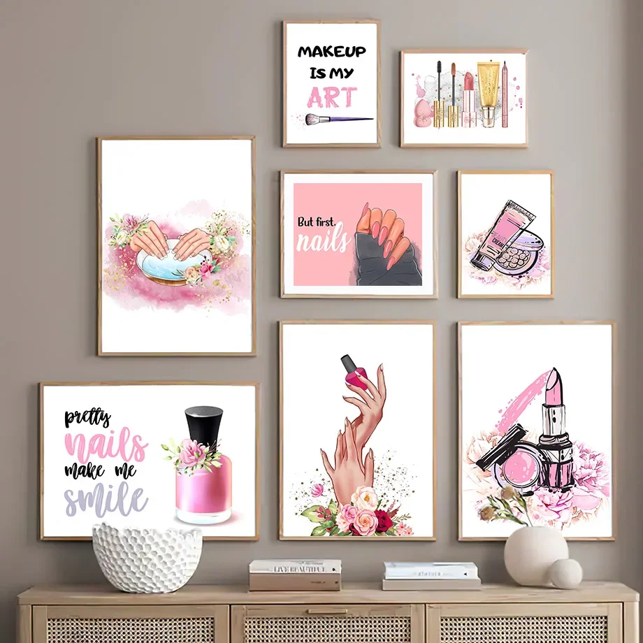（2D Canvas painting） Nail Salon Nordic Posters And Prints Nail Polish Wall Art Mural Makeup Tools Lipstick Manicure Canvas Pa