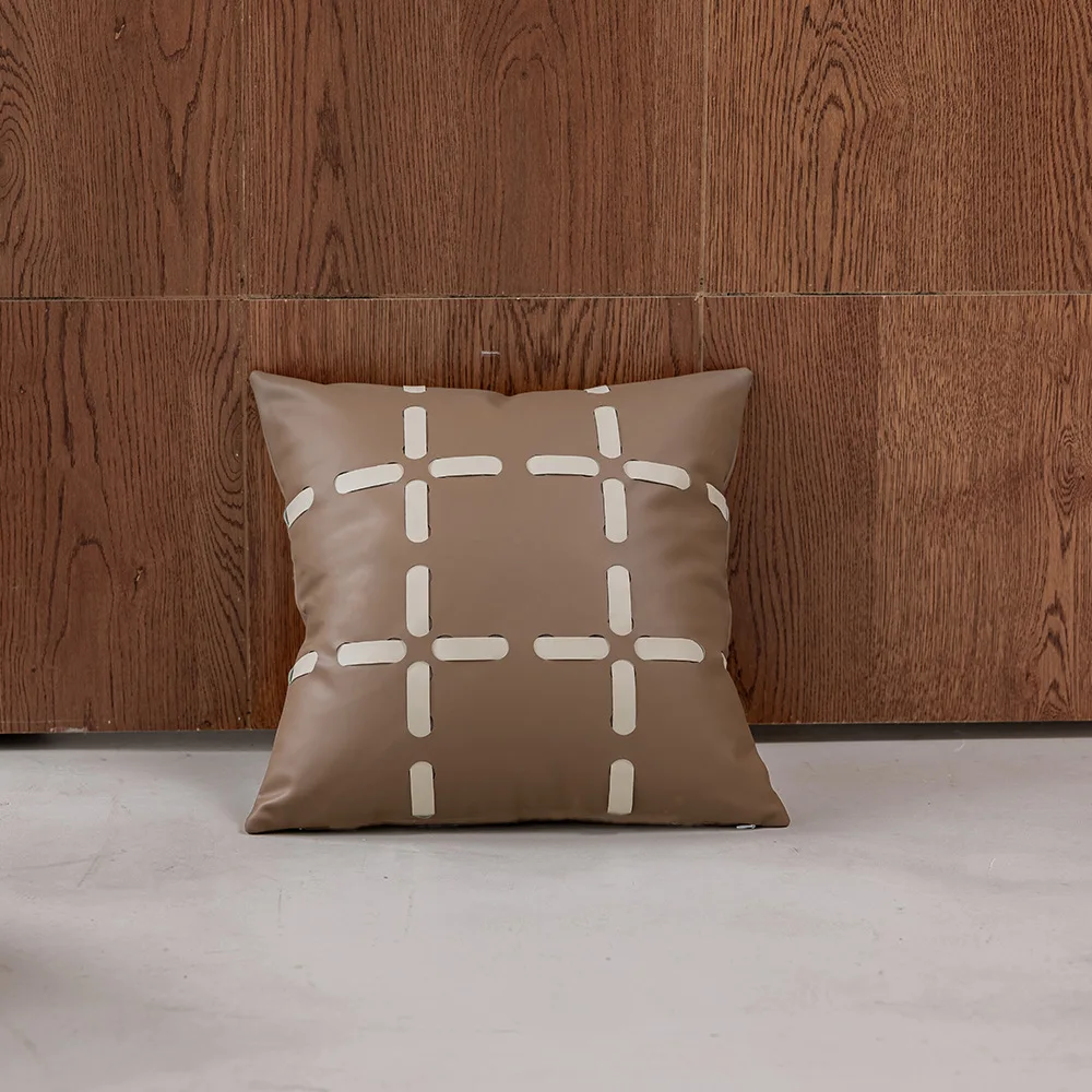45X45CM Rustic Retro High‑End Brown Throw Pillow Cover Jacquard Leather Stamping Waist Cushion Cover Home Decorative Pillowcase
