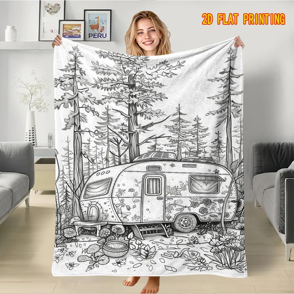 Vintage Camper Van Camping Forest Scene Throw Blanket Cozy Boho Picnic Style Artwork