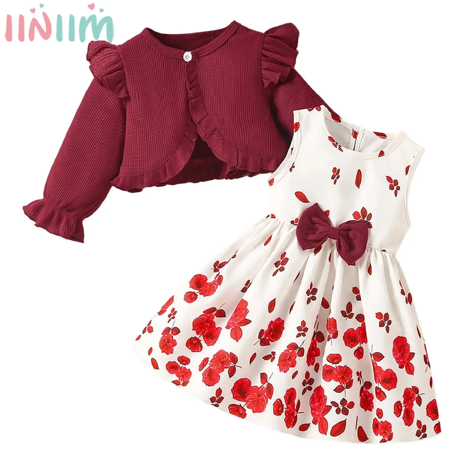 

Toddler Baby Girls Spring Autumn Sweet Outfit Long Sleeve Cardigan with Sleeveless Bowknot Floral Dress Birthday Party Costume