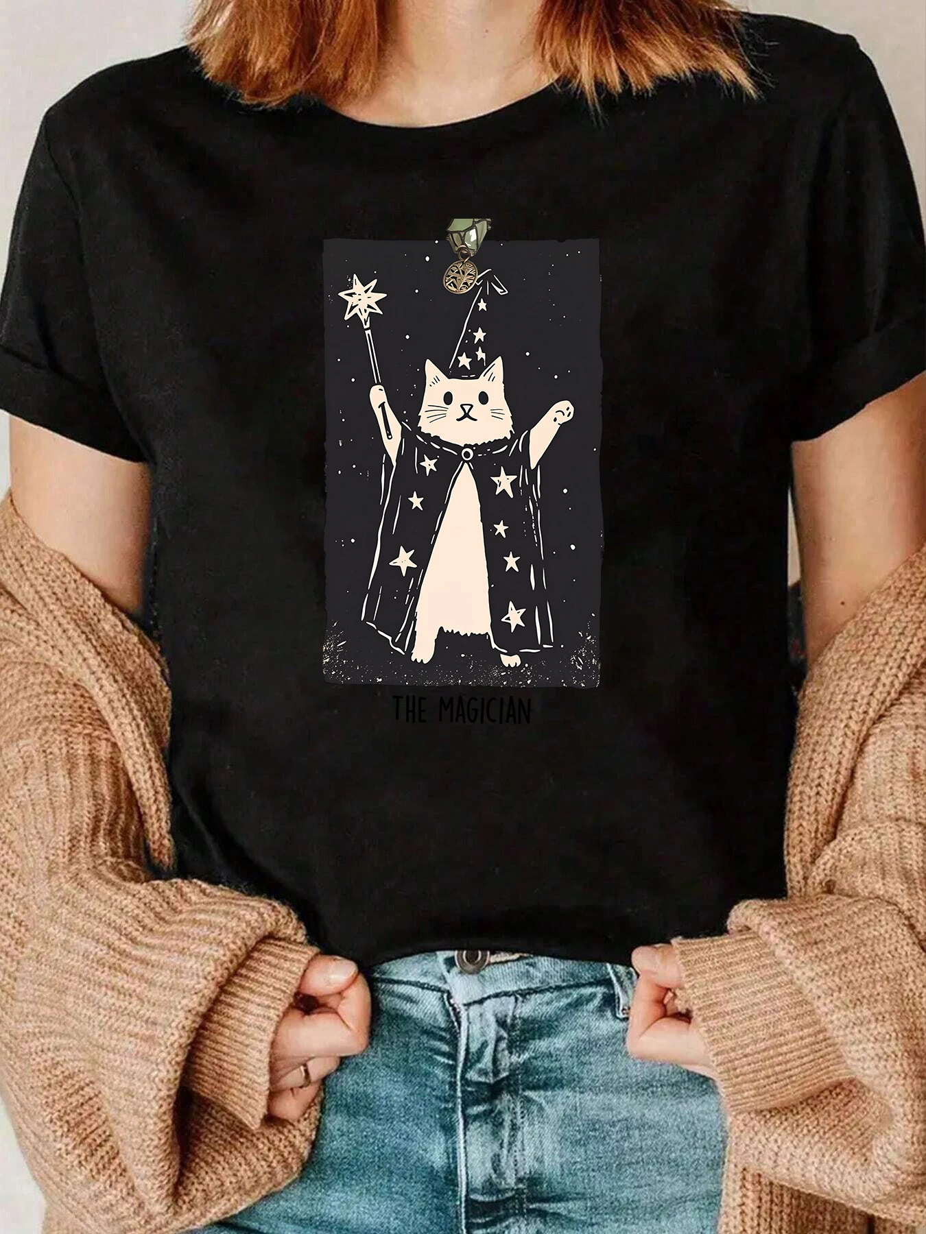 Maglietta con stampa tarocchi gatto mago Halloween Abbigliamento casual da donna 220g