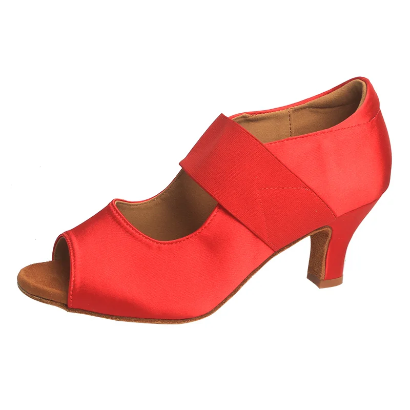 

Wedopus New Design Suede Sole Modern Dance Shoes Red Satin Peep Toe Dance Heels with Elastic