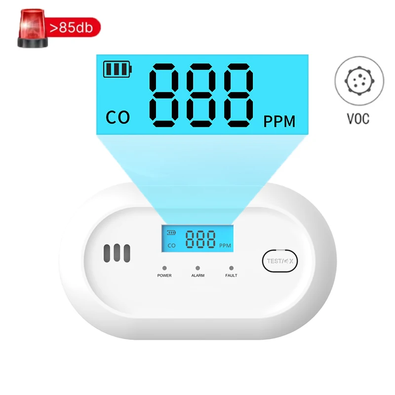 مستشعر إنذار ثاني أكسيد الكربون المستقل كاشف إنذار أول أكسيد الكربون 85dB تحذير عالي الحساسية شاشة LCD كهروضوئية للفندق المنزلي