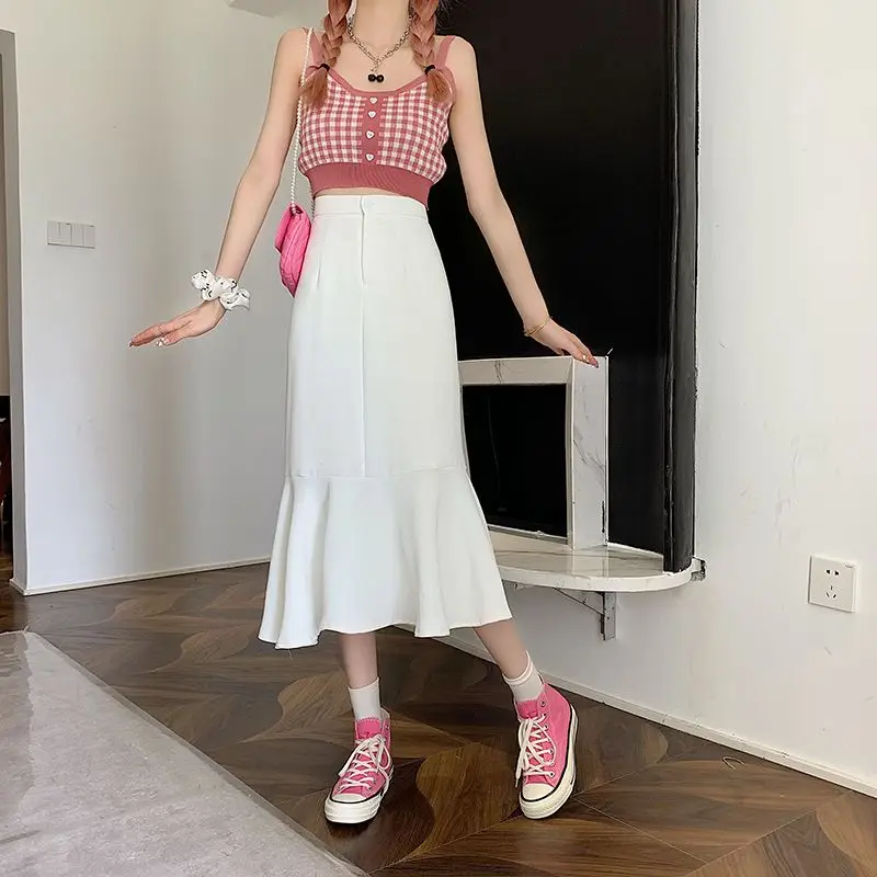 Ruffles Half Skirt Summer New Solid Color High Waist Slim Button Youth Temperament A-line Skirt Fashion Elegant Women Clothing