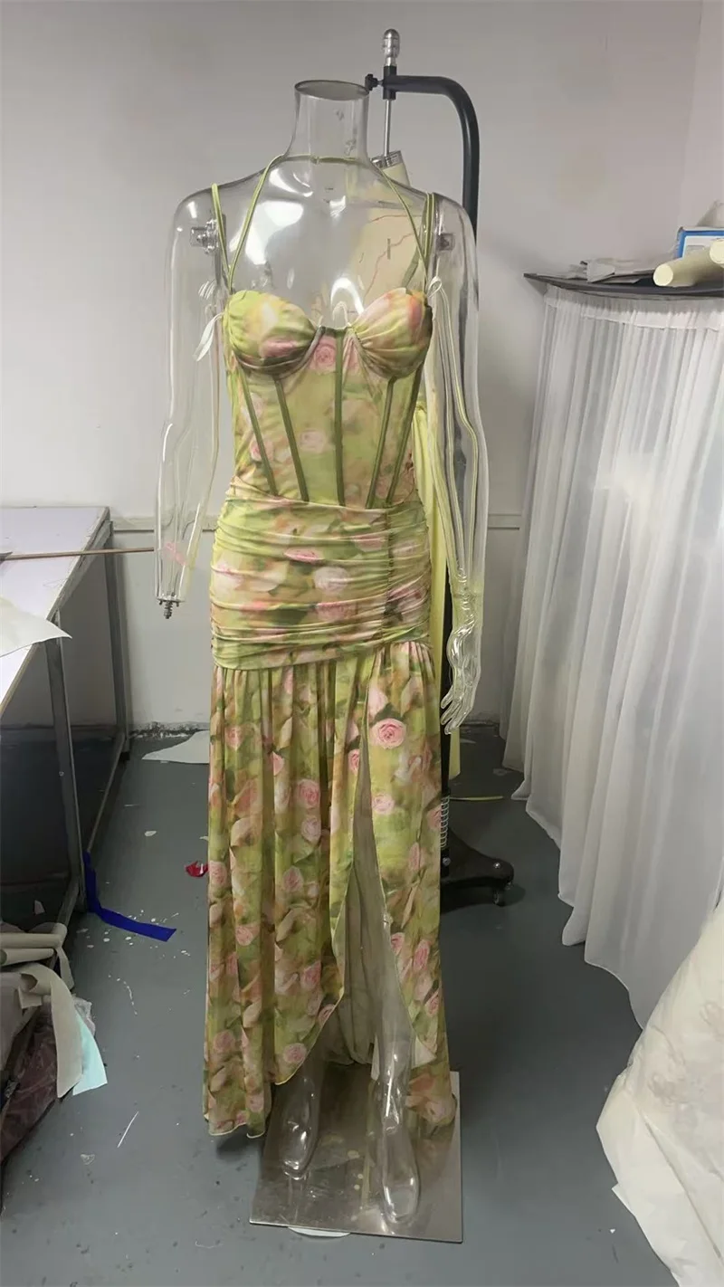 

Green Floral Women's Prom Dress Sexy Corset Sling Sleeveless Sheath Ruffles Long Robe Casual Formal Birthday Wedding Party Gown