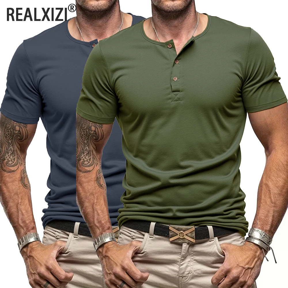 

Summer Men's Short Sleeve T-Shirts Henley Neck Tops Tees Male Solid Color Pullover Tops Round Neck Casual Versatile T-shirt