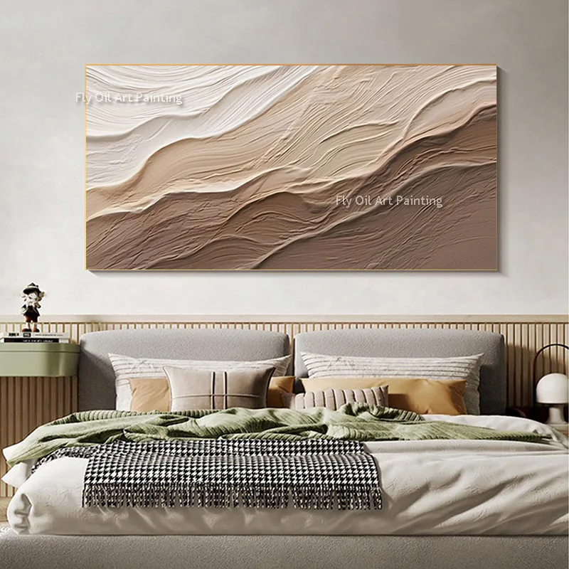 FLY OIL ART Handgefertigtes großes braunes Seawves-Ölgemälde, abstraktes beige-braunes Meer, Strand, Leinwand, Wandkunst, moderne Wanddekoration für Zimmer 3