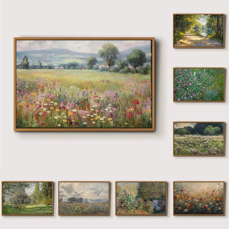 1pc frameless Canvas Painting Vintage French Country Corner of The Garden Wildflower Field Meadow Landscape Poster Canvas Painti