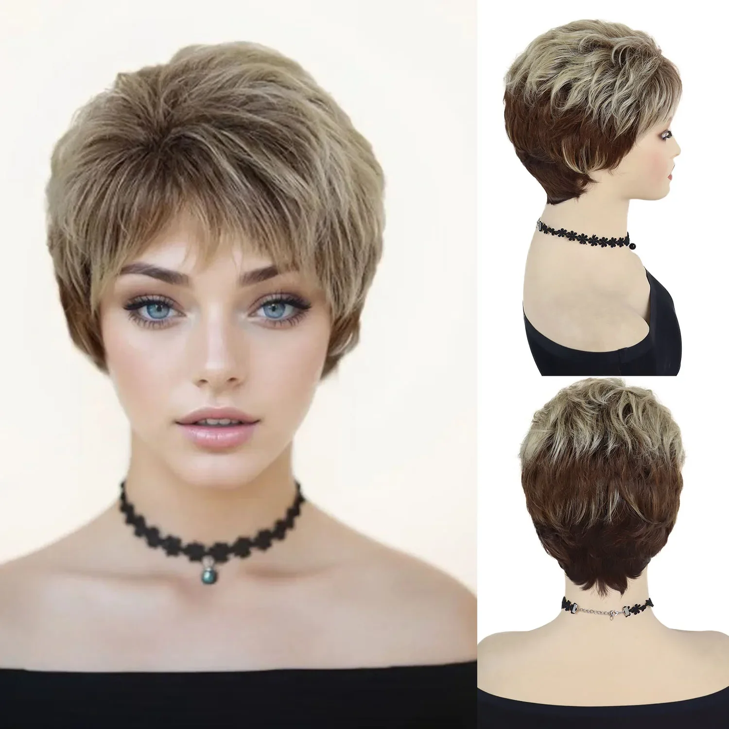 Synthetic Ombre Blonde Wigs for Women Short Hair Mom Wig with Bangs Brown Mixed Blond Pixie Cut Wigs Mother Grandma Gift Costume