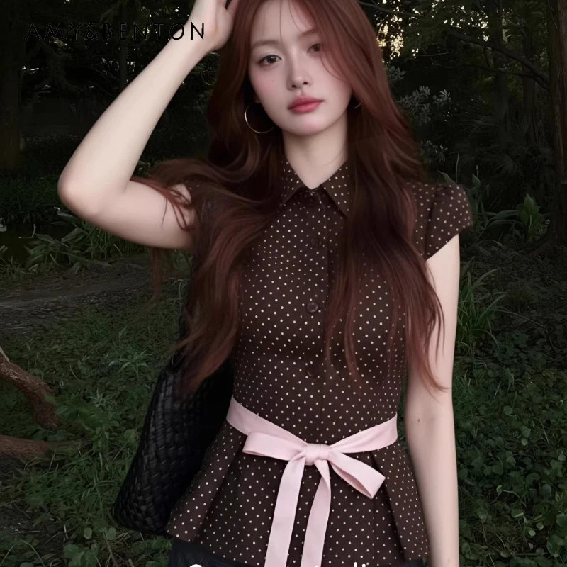 

Korean Design Polka Dot Short-sleeved Women's Shirt 2026 Summer New Lapel Bow Strap Top Waist Thin Age-reducing Shirts Ladies
