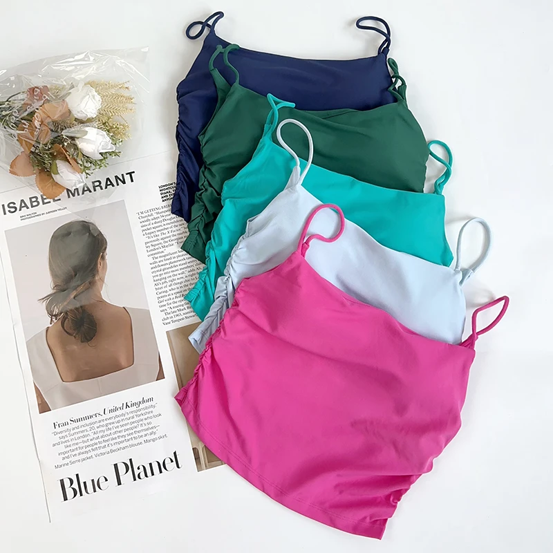 Women Summer Seamless Sexy Camisole Vest Beautiful Back Comfort Padded Bralette Pleats Thin Shoulder Straps Tops Underwear👚👍️