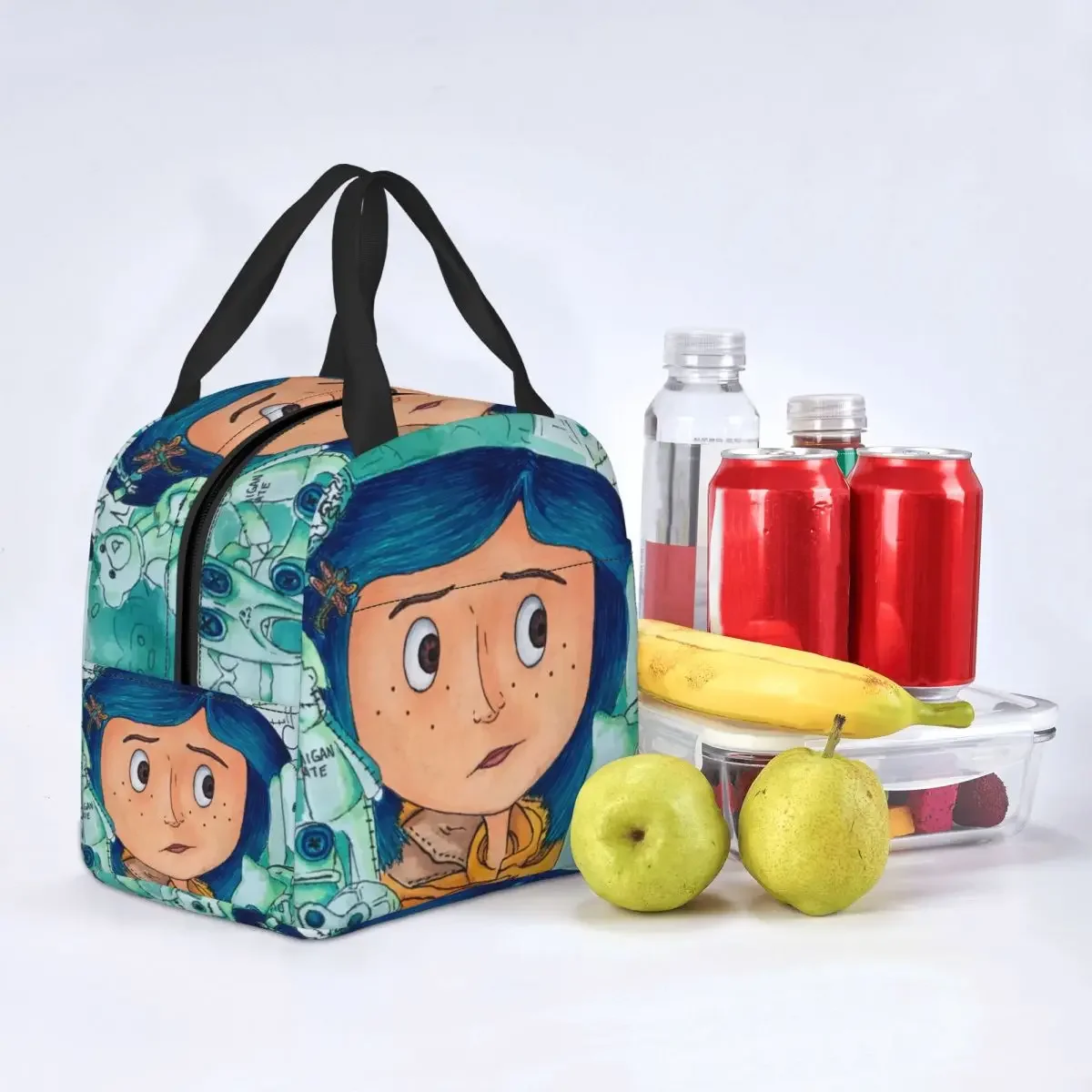 Tas makan siang Coraline Film Halloween kustom kotak makan siang terisolasi termal pendingin untuk anak-anak sekolah Tote makanan anak-anak