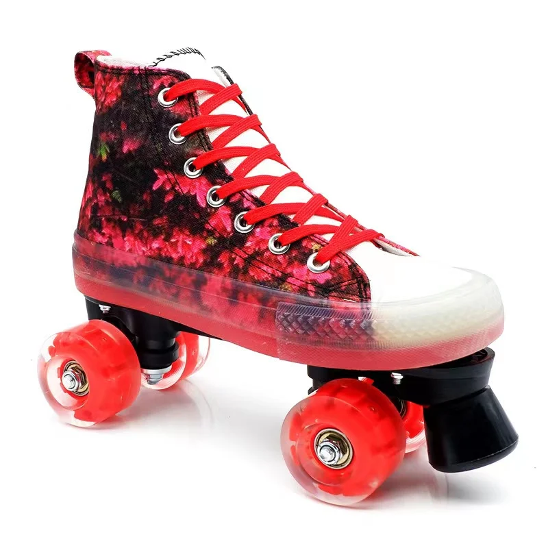 Double Row Roller Skates for Beginner, Red, Breathable, Comfortable Canvas, Luminous, 4 Wheels, Sliding Sneaker, Adult Boys