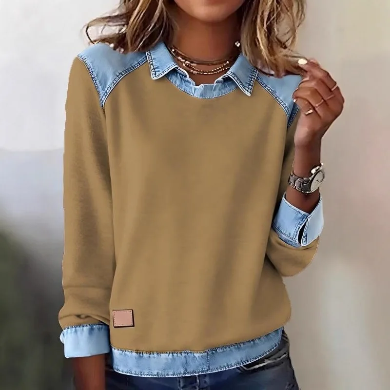 

2026 женский повседневный джинсовый пуловер с воротником в стиле пэчворк, толстовка