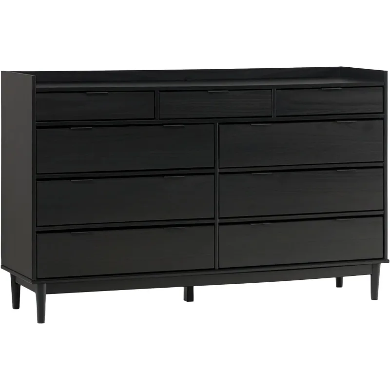 Blythe Mid-Century Modern Tray-Top Solid Wood 9-Drawer Dresser, 60 Inch, Black