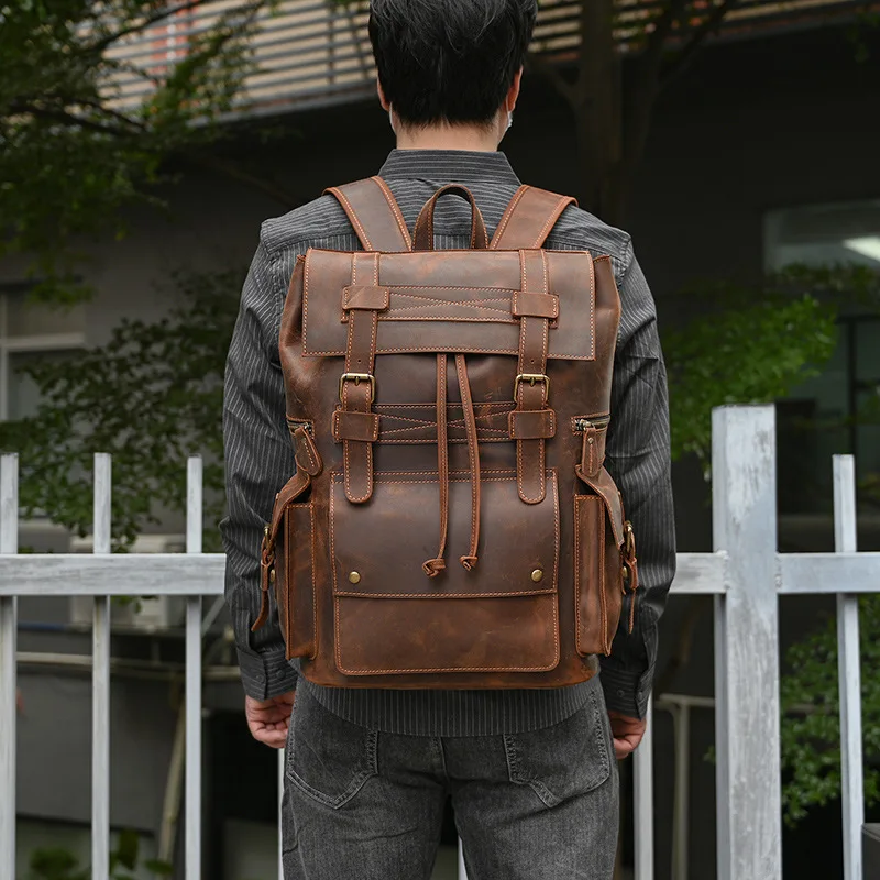 Fashionable Men's Retro Backpack New leather large Capacity Travel Bag 16 inch Computer Bag Men's Backpack Shoulder Bag