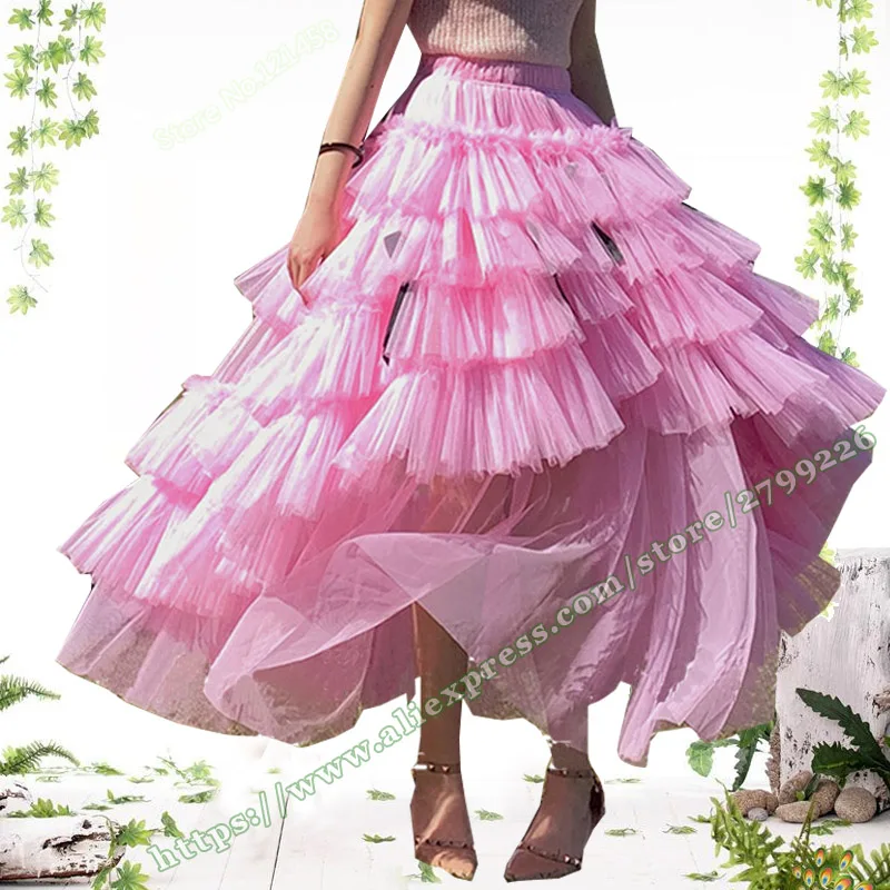 

2023 Female High-quality Pink Asymmetrical Pleated Mesh Organza Puffy Ball Gown Tutu Party Wedding Marry Maxi Skirt for Womens