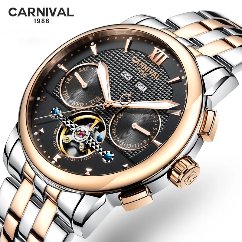 

CARNIVAL Fashion Tourbillon Mechanical Watches Fully Automatic Men Clock Luminous Waterproof 2024 New Relogio Masculino 8722G