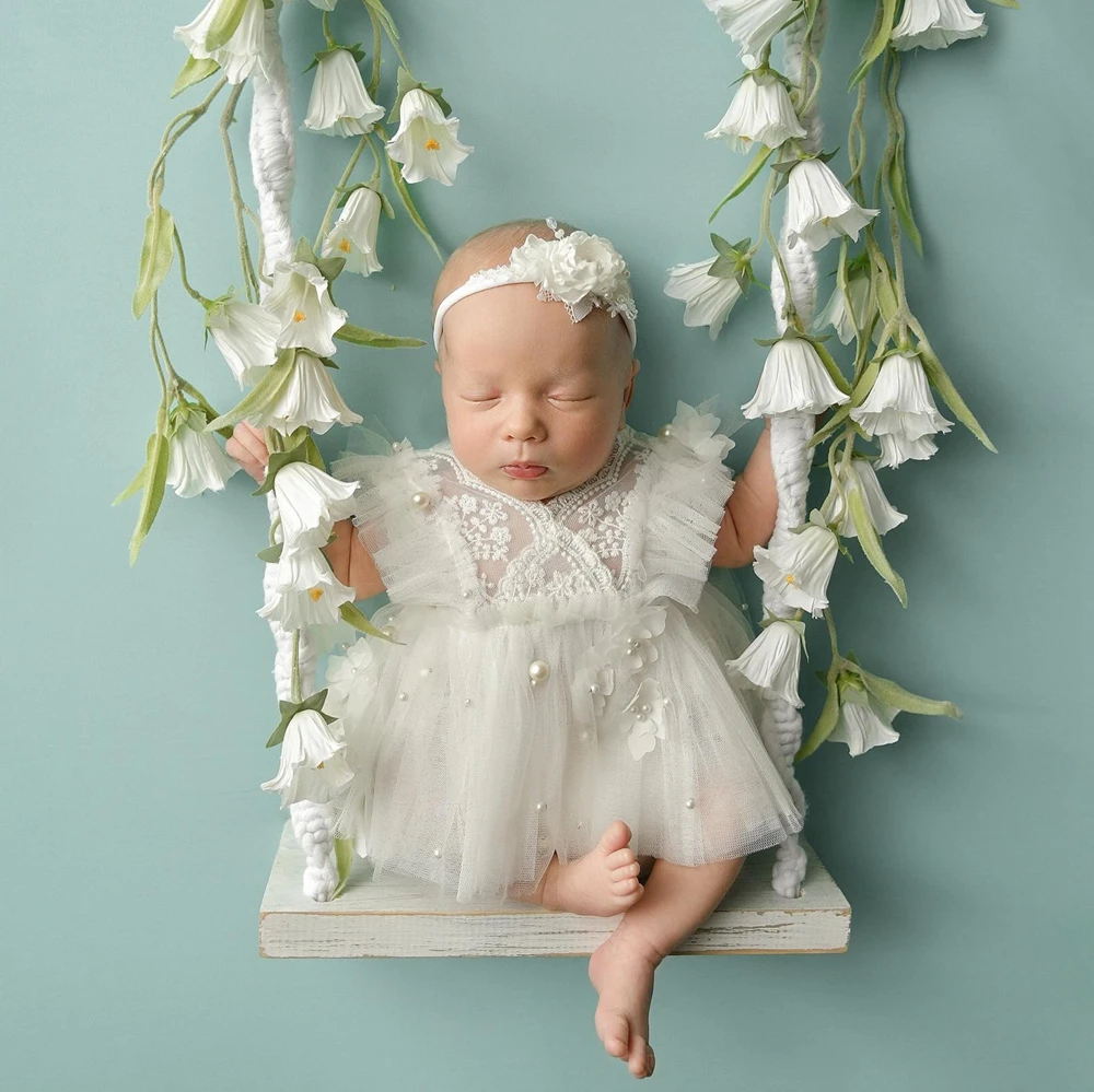 Newborn Baby Girl White Lace Tutu Dress Pearl Beaded Photography Outfit Infant Photo Shoot Princess Costume 0-3 Months