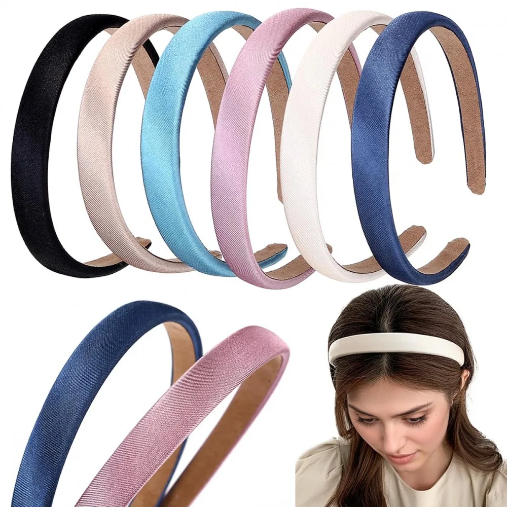 3 Pack 2cm Padded Curved Satin Fabric Headbands, Crystal Soft Wrapped Wide Hair Hoops, Non Slip Comfort Solid Color Hair Bands for Women Girls Makeup Face Washing Daily Outfit Matching