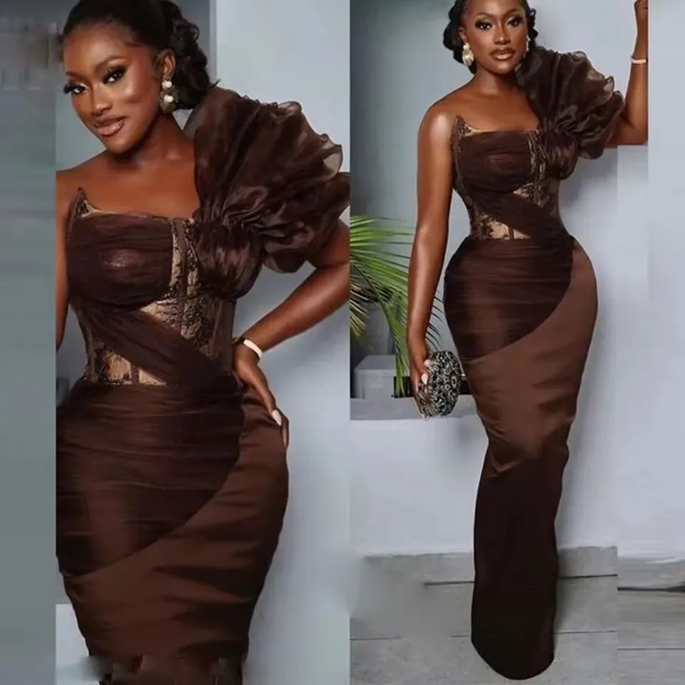 2026 Applique Ruche Schouder Galajurken Chocolade Galajurken Korset Lace Up Elegante Avondjurk Recht Op Maat Gemaakt