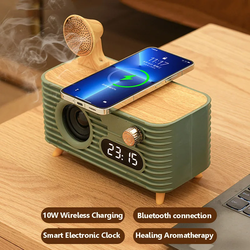 

Portable Retro Bluetooth Speaker Desktop Clock Audio System 10W Wireless Phone Charger Vintage Music Player Aromatherapy Diffuse